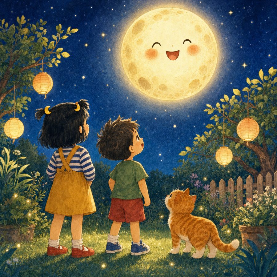 Lulu, Max and Bobo the cat looking up at the smiling Giggle Moon in a night garden.